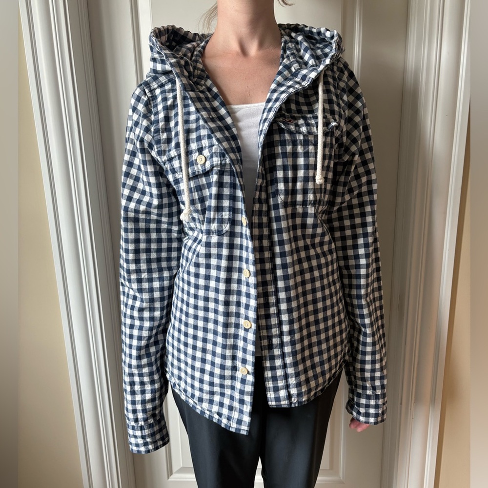 Hollister Men’s Blue and White Checkered Hooded Jacket Shirt Jacket Shacket